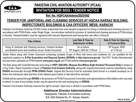 Pakistan Civil Aviation Authority Karachi Tender Notice